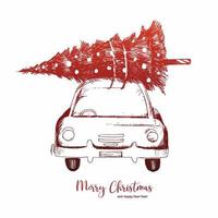 Hand draw tree delivery car sketch christmas background vector