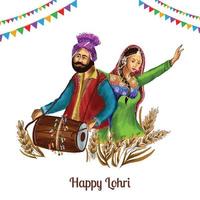 lohri feliz con una pareja joven haciendo danza bhangra e instrumento dhol en el fondo vector