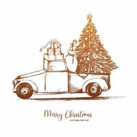 Hand draw tree delivery truck sketch christmas background vector