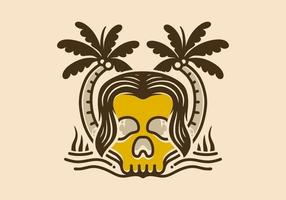 Illustration design of a skull with long hair and two coconut trees vector