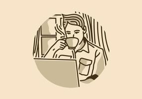 diseño de ilustración vintage de hombre tomando café frente a la computadora portátil vector