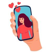 Video call concept. Video call with loved one. Male hand holding smartphone with girlfriend on screen. Finger touch screen. Vector flat cartoon illustration for web sites and banners design,