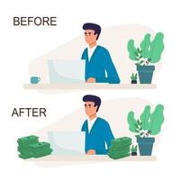 antes después de hacer dinero en línea - hombre de negocios que recibe el pago de la computadora en casa. ilustración vectorial vector