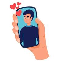 Video call with loved one. Female hand holding smartphone. boyfriend on screen. long distance relationship concept. Flat cartoon vector illustration. Smiling man , glasses with briefcase making calls,