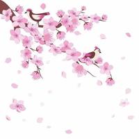 Flat Branch of Peach Blossom Flowers with Birds vector