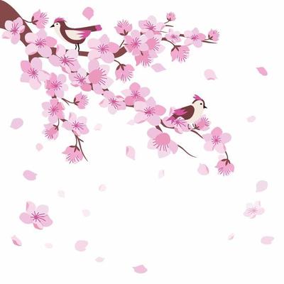Flat Branch of Peach Blossom Flowers with Birds