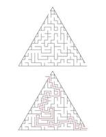 The triangular maze has an entrance and an exit. Maze with the answer, the path of passage vector