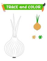 trace and color the vegetables. A training sheet for preschool children.Educational tasks for kids.Onion Coloring Book. vector