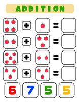 Addition of apples . A task for children. Educational development sheet. Color activity page. A game for children. Funny character.  Cartoon style vector