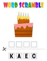 Cake Word scramble . Educational game for kids. English language spelling worksheet for preschool children vector