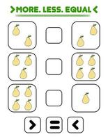 Compare the number of pears. Write the sign more , less, equal. Teaching children. Education for kindergarten vector