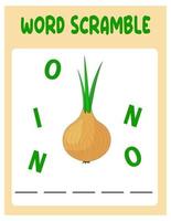 Onion Word scramble . Educational game for kids. English language spelling worksheet for preschool children. vector