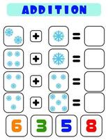 Addition of snowflakes . A task for children. Educational development sheet. Color activity page. A game for children. Funny character. Cartoon style vector