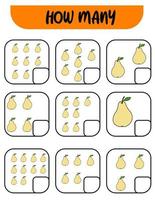 Count how many pears. Write down the answer. Educational games for kids vector
