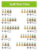 sustracción. hoja de trabajo de matemáticas para niños. desarrollo de habilidades numéricas. Resuelve ejemplos y escribe. matemáticas. ilustración vectorial. juego educativo de matemáticas para niños. resta para niños. vector