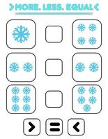 comparar el número de copos de nieve. escribe el signo más, menos, igual. enseñando a niños. educación para jardín de infantes vector