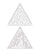 The triangular maze has an entrance and an exit. Maze with the answer, the path of passage vector