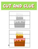 Cut and glue cake. Educational children game, printable worksheet.Puzzles with food. vector