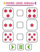 Compare the number of apples. Write the sign more , less, equal. Teaching children. Education for kindergarten vector