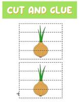 Cut and glue game for kids . Puzzles with an onion. Children funny entertainment and amusement.Vector illustration. Cutting practice for preschoolers. vector