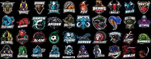 Set of colorful Esports logos, emblems. Logos of knights, horses, dragon, shark, snake, viking, baseball, bear, eagle, cowboy,tiger.Vector illustration isolated on background vector