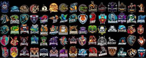 Huge set of colorful sports logos, emblems. Logos of knights, horses, dragon, shark, snake, viking, baseball, bear, eagle, cowboy,tiger.Vector illustration isolated on background vector