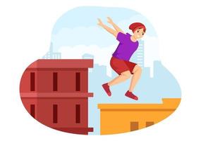 deportes de parkour con hombres jóvenes saltando sobre paredes y barreras en calles y edificios de la ciudad en ilustración de plantilla dibujada a mano de dibujos animados planos vector