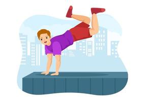 deportes de parkour con hombres jóvenes saltando sobre paredes y barreras en calles y edificios de la ciudad en ilustración de plantilla dibujada a mano de dibujos animados planos vector