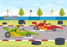 deporte de karting con juego de carreras go kart o mini coche en pista de circuito pequeño en dibujos animados planos ilustración de plantilla dibujada a mano vector