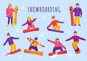 Snowboarding with People Sliding and Jumping on Snowy Mountain Side or Slope Inside Flat Cartoon Hand Drawn Templates Illustration vector