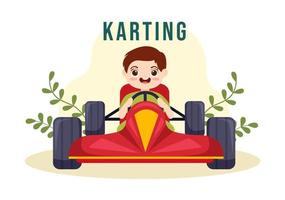 deporte de karting con niños pequeños juego de carreras go kart o mini coche en pista de circuito pequeño en ilustración de plantilla dibujada a mano de dibujos animados planos