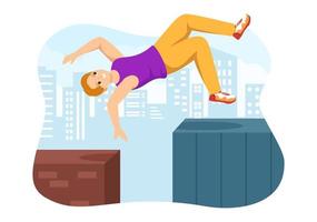 deportes de parkour con hombres jóvenes saltando sobre paredes y barreras en calles y edificios de la ciudad en ilustración de plantilla dibujada a mano de dibujos animados planos vector