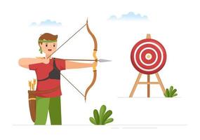 deporte de tiro con arco con arco y flecha apuntando al objetivo para actividades recreativas al aire libre en ilustración de plantilla dibujada a mano de dibujos animados planos vector