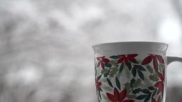 ontspannende en drinken koffie of thee, thee cups van koffie Aan een sneeuw dag, Aan balkon. ontspanning concept. wazig achtergrond van mooi . video