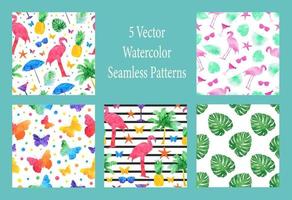 Colorful summer elements seamless patterns collection background. Vector illustration