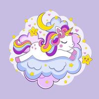 kawaii lindo unicornio duerme en las nubes. tarjeta de dulces sueños de vector