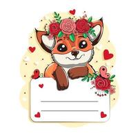 Cute Cartoon Fox with flowers. Template for greeting card, invitation and other. vector illustration