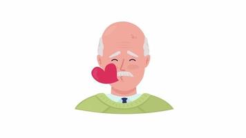 Animated old man in love emotion. Send air kiss. Flat character head with facial expression animation. Colorful cartoon style HD video footage on white with alpha channel transparency