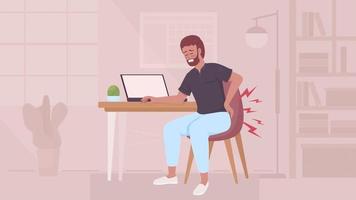 Animated spine problem illustration. Back pain due to prolonged sitting. Office syndrome. Looped flat color 2D cartoon character animation with workplace on background. HD video with alpha channel