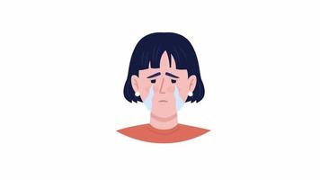 Animated upset young woman emotion. Female crying. Flat character head with facial expression animation. Colorful cartoon style HD video footage on white with alpha channel transparency