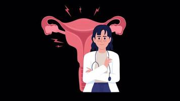 Animated gynecological issue concept. Looped 2D cartoon flat character on black with alpha channel transparency for web design. HD video footage. Woman reproductive health creative idea animation