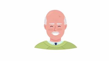 Animated cheerful grandpa emotion. Happy old man. Flat character head with facial expression animation. Colorful cartoon style HD video footage on white with alpha channel transparency