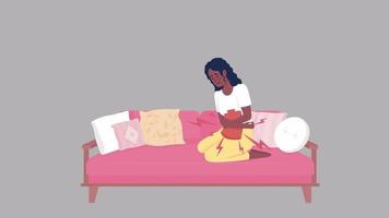 Animated character with cramps. Young woman relieving period pains. Full body flat person on grey background with alpha channel transparency. Colorful cartoon style HD video footage for animation