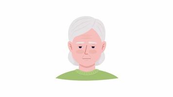 Animated concerned old woman emotion. Worried senior female. Flat character head with facial expression animation. Colorful cartoon style HD video footage on white with alpha channel transparency