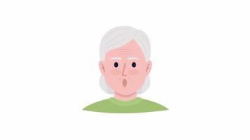 Animated surprised old woman emotion. Shocked senior female. Flat character head with facial expression animation. Colorful cartoon style HD video footage on white with alpha channel transparency