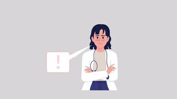 Animated female doctor character. Warning medic. Make diagnosis. Full body flat person on grey background with alpha channel transparency. Colorful cartoon style HD video footage for animation