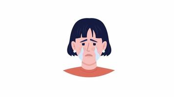 Animated woman get upset emotion. Sad young female. Flat character head with facial expression animation. Colorful cartoon style HD video footage on white with alpha channel transparency