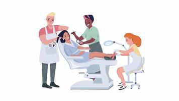 Animated beauty service characters. Complex care in cosmetology salon. Full body flat people on white background with alpha channel transparency. Colorful cartoon style HD video footage for animation