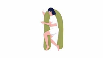 Animated lady with pregnancy pillow. Sleeping character. Comfort rest. Full body flat person on white background with alpha channel transparency. Colorful cartoon style HD video footage for animation