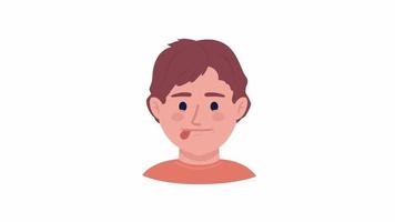 Animated boy grimacing emotion. Playful kid. Fun child. Flat character head with facial expression animation. Colorful cartoon style HD video footage on white with alpha channel transparency